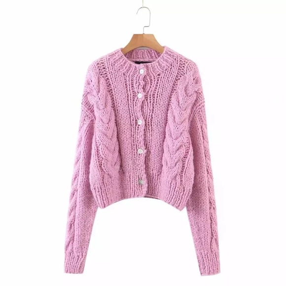 Sweaters - Cable knit sweater cardigan white cream womens twist button purple lilac